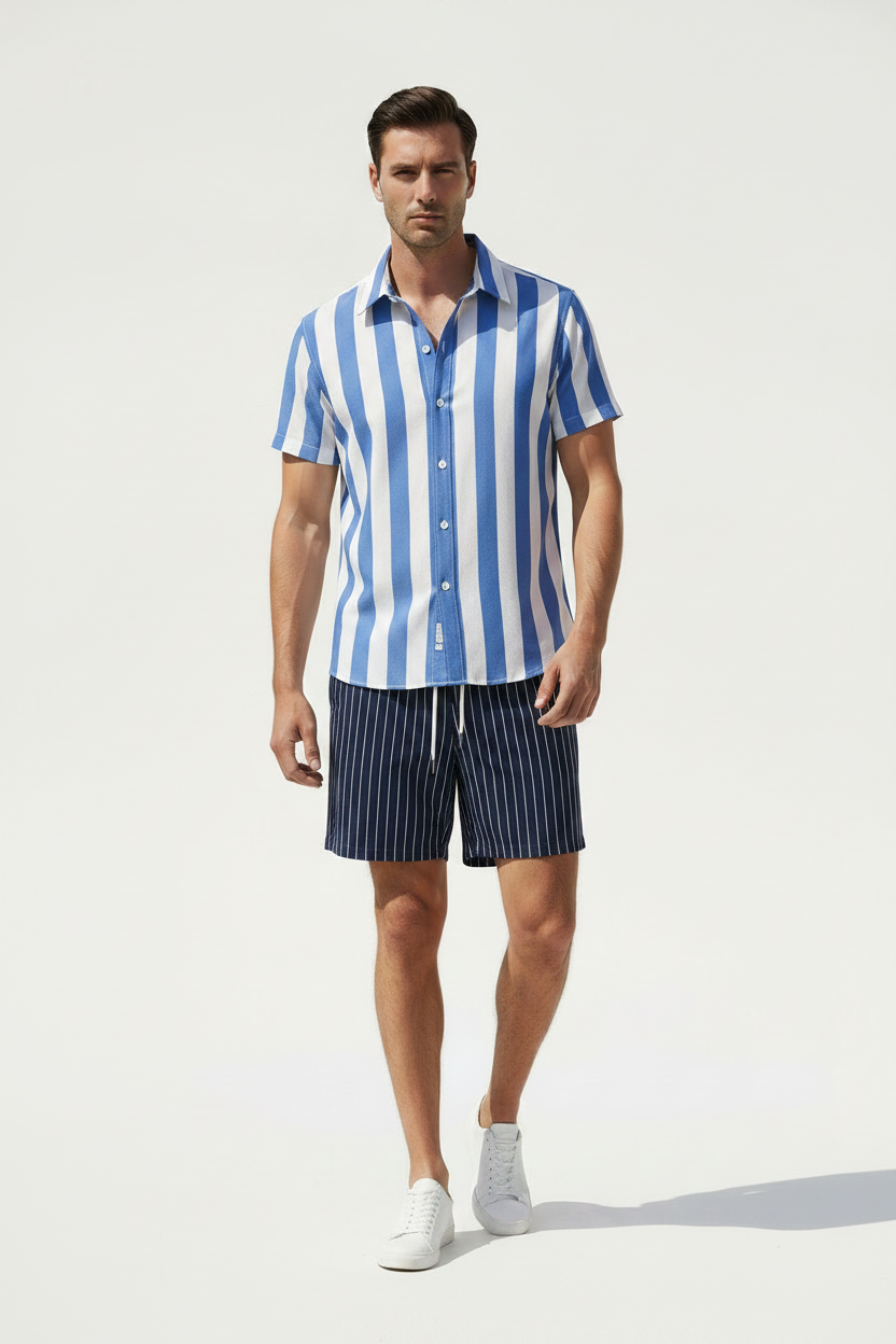 Blue Stripe & White Short Set - Modelo
