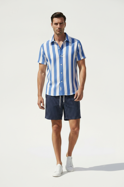 Blue Stripe & White Short Set - Modelo